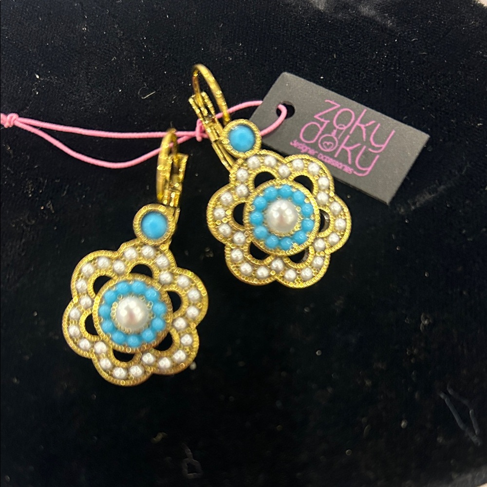 Turquoise and White Seed Pearl Antiqued Gold Earrings-NWT